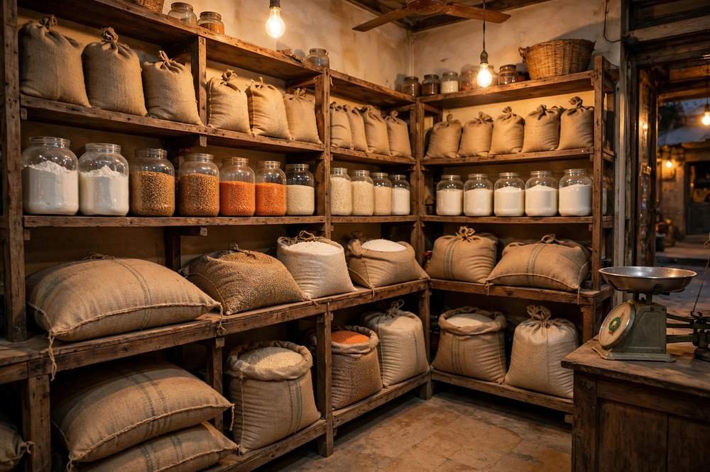 Kiryana shop shelves with flour, lentils, rice and sugar